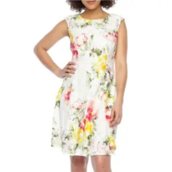 BRAND NEW SANDRA DARREN CAP SLEEVE MULTI-COLOR LACE FLORAL DESIGN PRINT DRESS - Picture 1 of 15